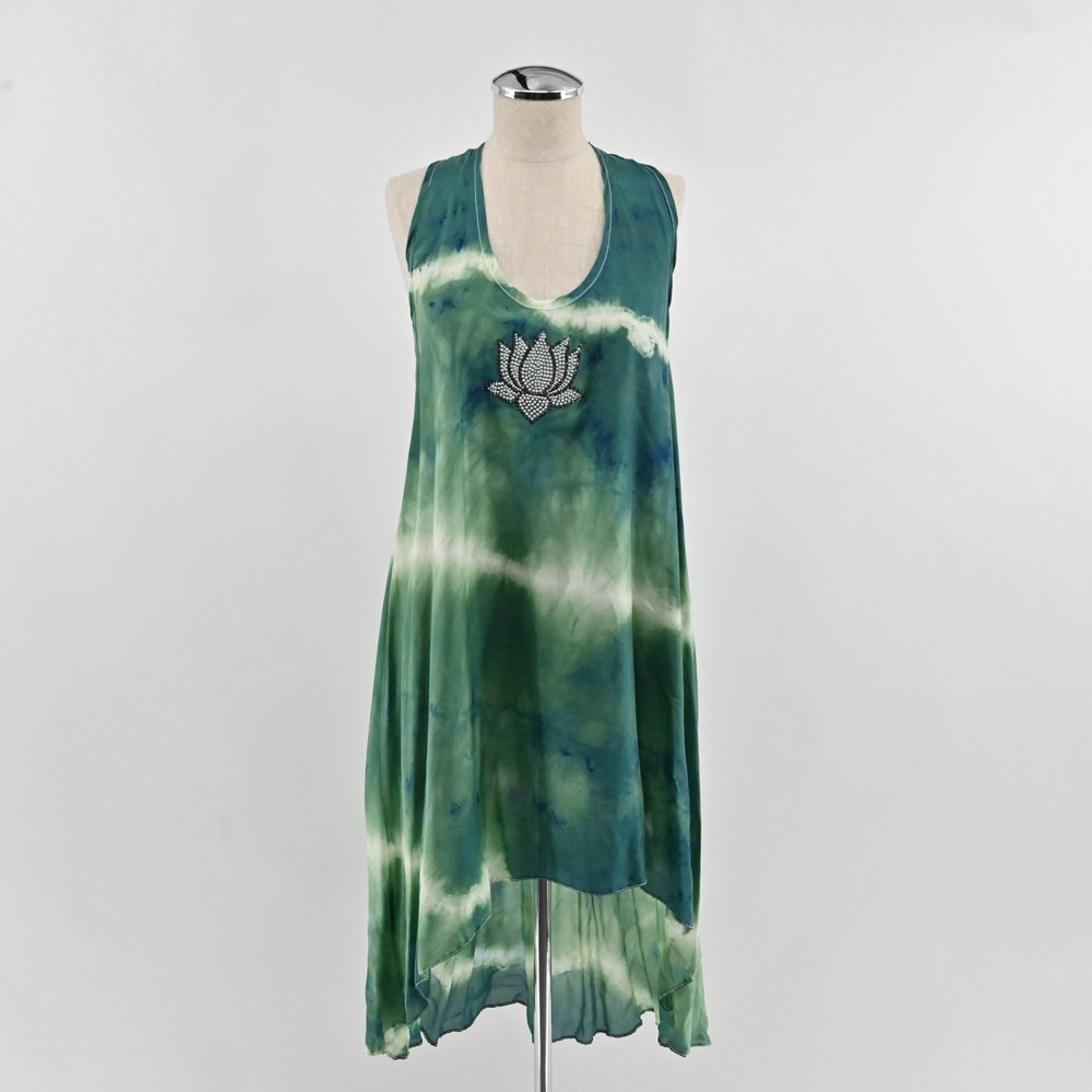 Aum Couture Tie Dye Lotus High Low Dress Womens Size M‎ Green Silk Boho Y2K